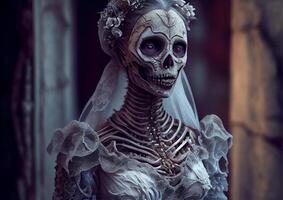 scheletro di un' sposa nel un' nozze vestire. morto ragazza a il nozze. ai generato foto