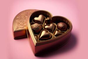 cuore sagomato scatola con cioccolatini su un' rosa sfondo. ai generato foto