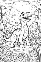 colorazione libro per bambini con un' dinosauro dipinto a mano nel cartone animato stile, tirannosauro. generativo ai foto