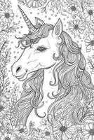 carino cartone animato unicorno. nero e bianca illustrazione per colorazione libro. generativo ai foto