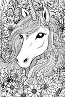 carino cartone animato unicorno. nero e bianca illustrazione per colorazione libro. generativo ai foto