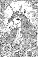 carino cartone animato unicorno. nero e bianca illustrazione per colorazione libro. generativo ai foto