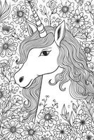 carino cartone animato unicorno. nero e bianca illustrazione per colorazione libro. generativo ai foto