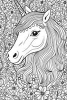 carino cartone animato unicorno. nero e bianca illustrazione per colorazione libro. generativo ai foto