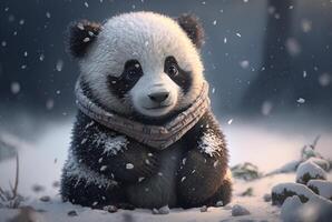 carino panda bambino giocando nel neve inverno, generativo ai foto