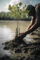 ripristino il costa Comunità Fidanzamento nel piantare mangrovie per ambiente conservazione e habitat restauro su terra giorno, promozione sostenibilità. terra giorno foto