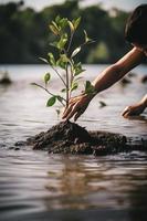 ripristino il costa Comunità Fidanzamento nel piantare mangrovie per ambiente conservazione e habitat restauro su terra giorno, promozione sostenibilità. terra giorno foto