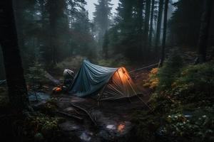 natura selvaggia sopravvivenza. bushcraft tenda sotto il telone nel pesante piovere, Abbracciare una persona il freddo di alba. un' scena di resistenza e resilienza foto