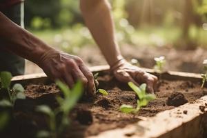 piantare alberi per un' sostenibile futuro. Comunità giardino e ambientale conservazione - promozione habitat restauro e Comunità Fidanzamento su terra giorno foto