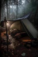 natura selvaggia sopravvivenza. bushcraft tenda sotto il telone nel pesante piovere, Abbracciare una persona il freddo di alba. un' scena di resistenza e resilienza foto