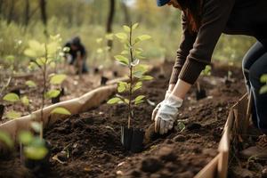 piantare alberi per un' sostenibile futuro. Comunità giardino e ambientale conservazione - promozione habitat restauro e Comunità Fidanzamento su terra giorno foto