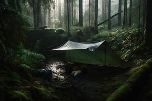 natura selvaggia sopravvivenza. bushcraft tenda sotto il telone nel pesante piovere, Abbracciare una persona il freddo di alba. un' scena di resistenza e resilienza foto