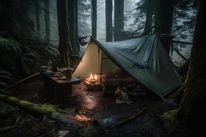 natura selvaggia sopravvivenza. bushcraft tenda sotto il telone nel pesante piovere, Abbracciare una persona il freddo di alba. un' scena di resistenza e resilienza foto