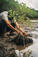 ripristino il costa Comunità Fidanzamento nel piantare mangrovie per ambiente conservazione e habitat restauro su terra giorno, promozione sostenibilità. terra giorno foto