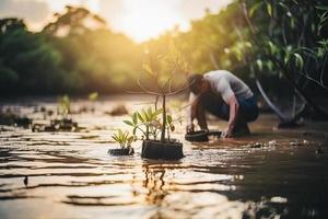 ripristino il costa Comunità Fidanzamento nel piantare mangrovie per ambiente conservazione e habitat restauro su terra giorno, promozione sostenibilità. terra giorno foto