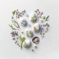 Pasqua uova e fiori su un' bianca sfondo. superiore Visualizza. ai generato. foto