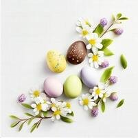 Pasqua uova e fiori su un' bianca sfondo. superiore Visualizza. ai generato. foto