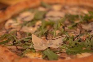 funghi italiano Pizza con razzo foglia su superiore foto