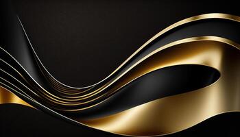 elegante moderno nero e d'oro astratto onde e curve su nero sfondo. ai generato foto