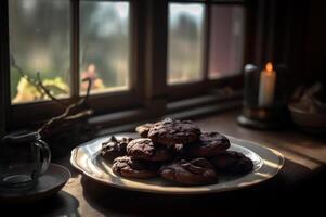 delizioso fatti in casa cioccolatini biscotti su rustico di legno tavolo. ai generato foto