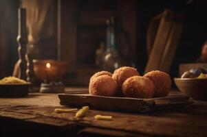 delizioso fatti in casa crocchette su di legno tavolo nel rustico cucina sfondo. ai generato foto