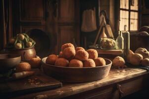 delizioso fatti in casa crocchette su di legno tavolo nel rustico cucina sfondo. ai generato foto