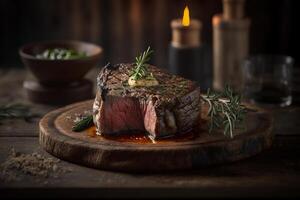 succoso grigliato bistecca con erbe aromatiche e spezie su rustico taglio tavola. barbecue. ai generato foto