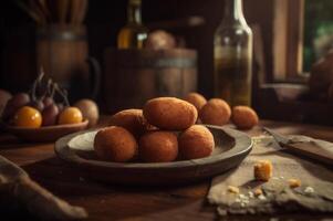 delizioso fatti in casa crocchette su di legno tavolo nel rustico cucina sfondo. ai generato foto