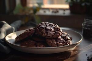 delizioso fatti in casa cioccolatini biscotti su rustico di legno tavolo. ai generato foto