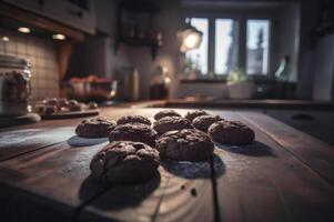 delizioso fatti in casa cioccolatini biscotti su rustico di legno tavolo. ai generato foto