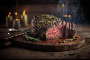 succoso grigliato bistecca con erbe aromatiche e spezie su rustico taglio tavola. barbecue. ai generato foto