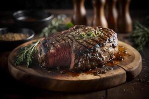 succoso grigliato bistecca con erbe aromatiche e spezie su rustico taglio tavola. barbecue. ai generato foto