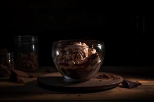 buongustaio cioccolato ghiaccio crema nel bicchiere ciotola su ghiaccio crema salotto tavolo. rustico Di legno. ai generato. congelato dolce foto