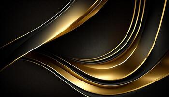 elegante moderno nero e d'oro astratto onde e curve su nero sfondo. ai generato foto