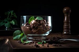 buongustaio cioccolato ghiaccio crema nel bicchiere ciotola su ghiaccio crema salotto tavolo. rustico Di legno. ai generato. congelato dolce foto