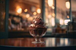 buongustaio cioccolato ghiaccio crema nel bicchiere ciotola su ghiaccio crema salotto tavolo. rustico Di legno. ai generato. congelato dolce foto