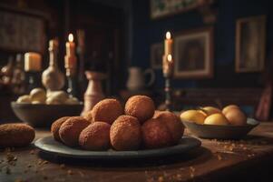 delizioso fatti in casa crocchette su di legno tavolo nel rustico cucina sfondo. ai generato foto