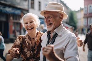 anziano uomo e donna siamo a piedi insieme, sorridente e Ingannare intorno a. generativo ai foto