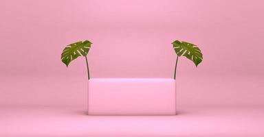 podio rettangolo su sfondo rosa con foglie foto