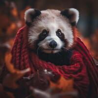 panda nel un' rosso caldo sciarpa. generativo ai. foto
