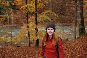 donna turista nel un' maglione cappello con un' zaino vicino alto alberi nel autunno nel il foresta foto