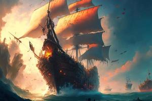 pirata nave distrutto nel fiamme dopo battaglia a mare. digitale illustrazione. ai foto