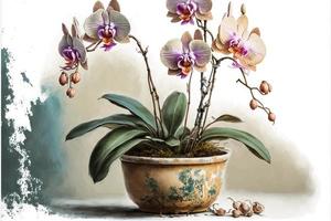 pittura orchidee nel in vaso pianta, bianca sfondo. ai digitale illustrazione foto