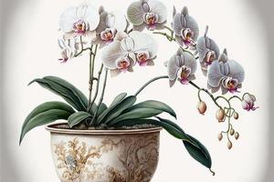 pittura orchidee nel in vaso pianta, bianca sfondo. ai digitale illustrazione foto