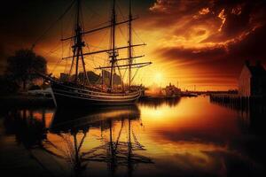 tramonto su Sud mare colorato cartone animato composizione con andare in barca barca vicino roccioso sponde illustrazione ai foto