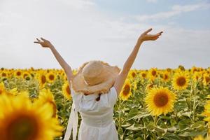 donna ritratto nel un' campo con fioritura girasoli estate tempo foto