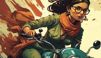elegante indiano ragazza equitazione un' motocicletta mentre indossare bicchieri generativo ai foto