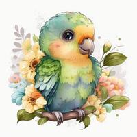 carino colorato bambino pappagallo con fiori su bianca sfondo generativo ai foto