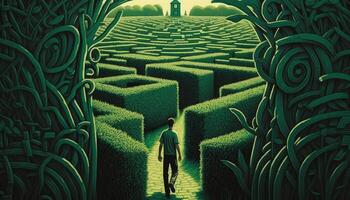 un' uomo sta nel davanti di il Ingresso per un' verde labirinto generativo ai foto