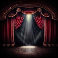 buio Teatro palcoscenico con rosso le tende e riflettore foto